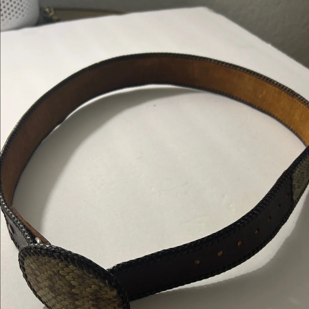 Western Snake Print Brown Leather Belt with Woven Design - Picture 3 of 8